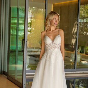 New Off White Floral Lace Embellished Long Wedding A-Line Gown w/U-Back JT2633LW